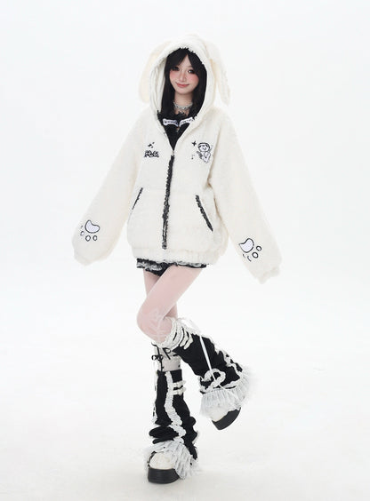 猫刺繍 フード付きルーズボアジャケット｜冬のゆるサブカル