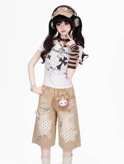 星柄ダメージワイドハーフパンツ