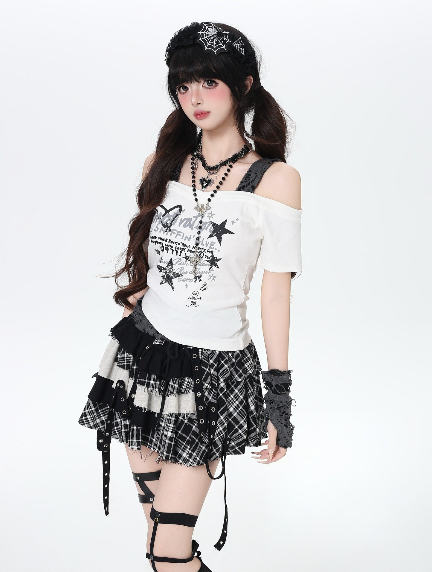 チェック切替レースアップアシメミニスカート