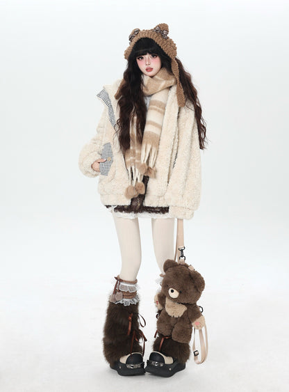 うさ耳＆刺繍入り チェック切替ボアジャケット