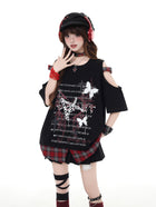 パンク風チェック柄オープンショルダーゆったりTシャツ