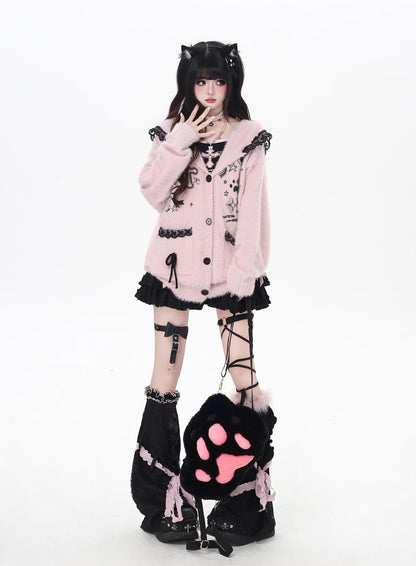 うさ耳レースフード付きニットカーデ