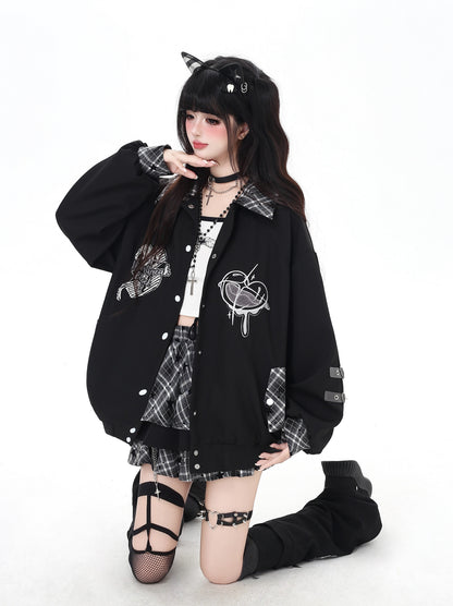 刺繍チェックパッチワークベースボールジャケット