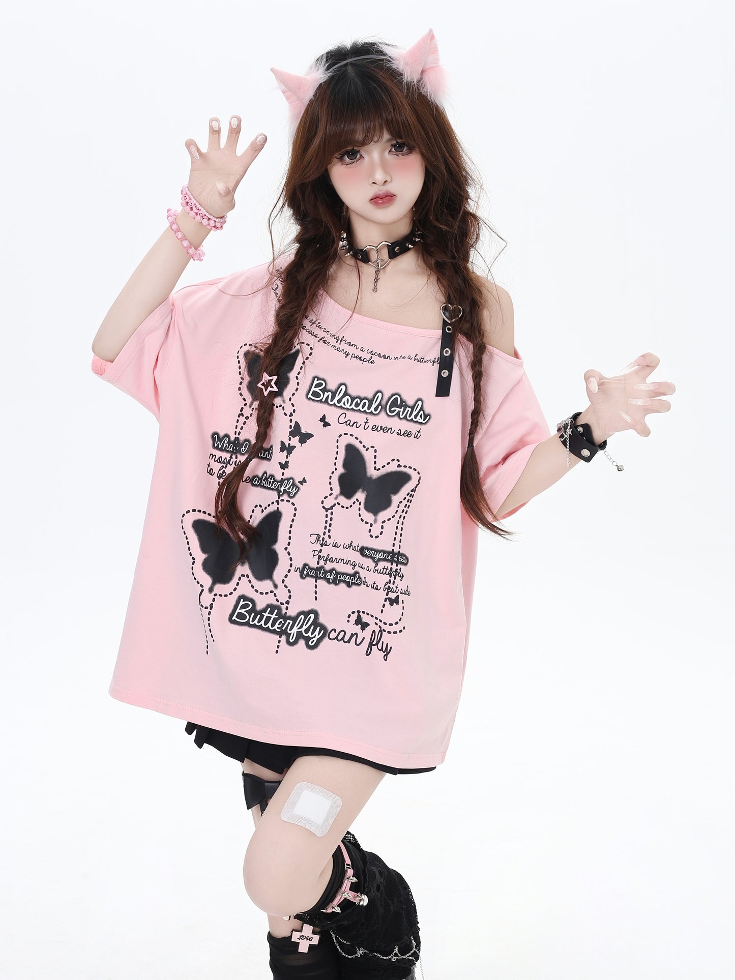 蝶々モチーフオフショルダーTシャツ