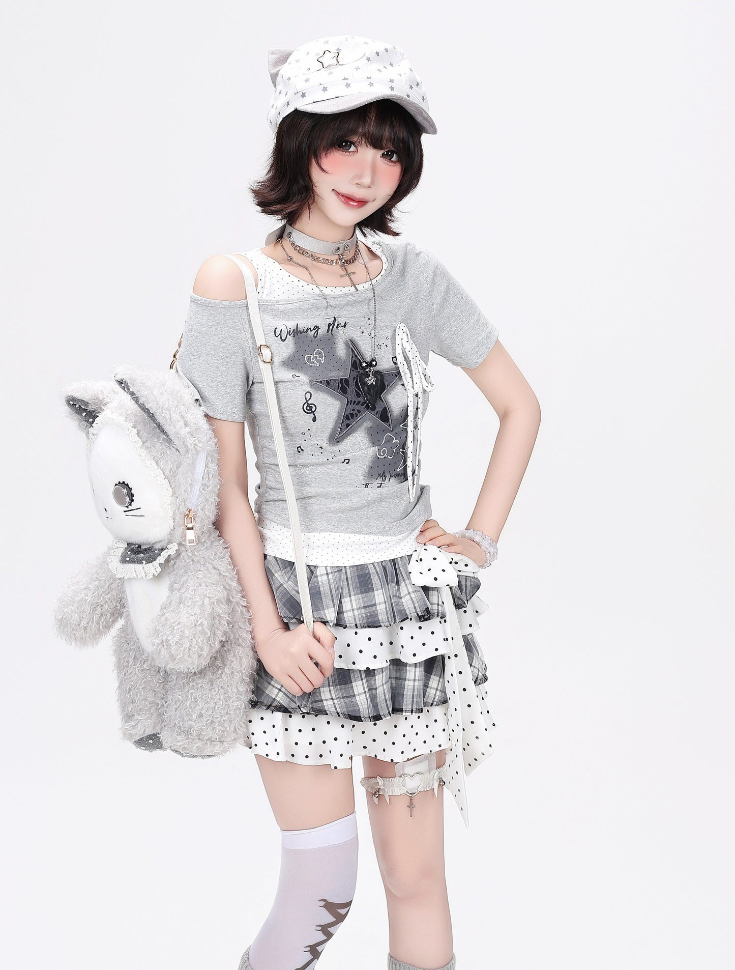 アシメ星柄ダメージTシャツ