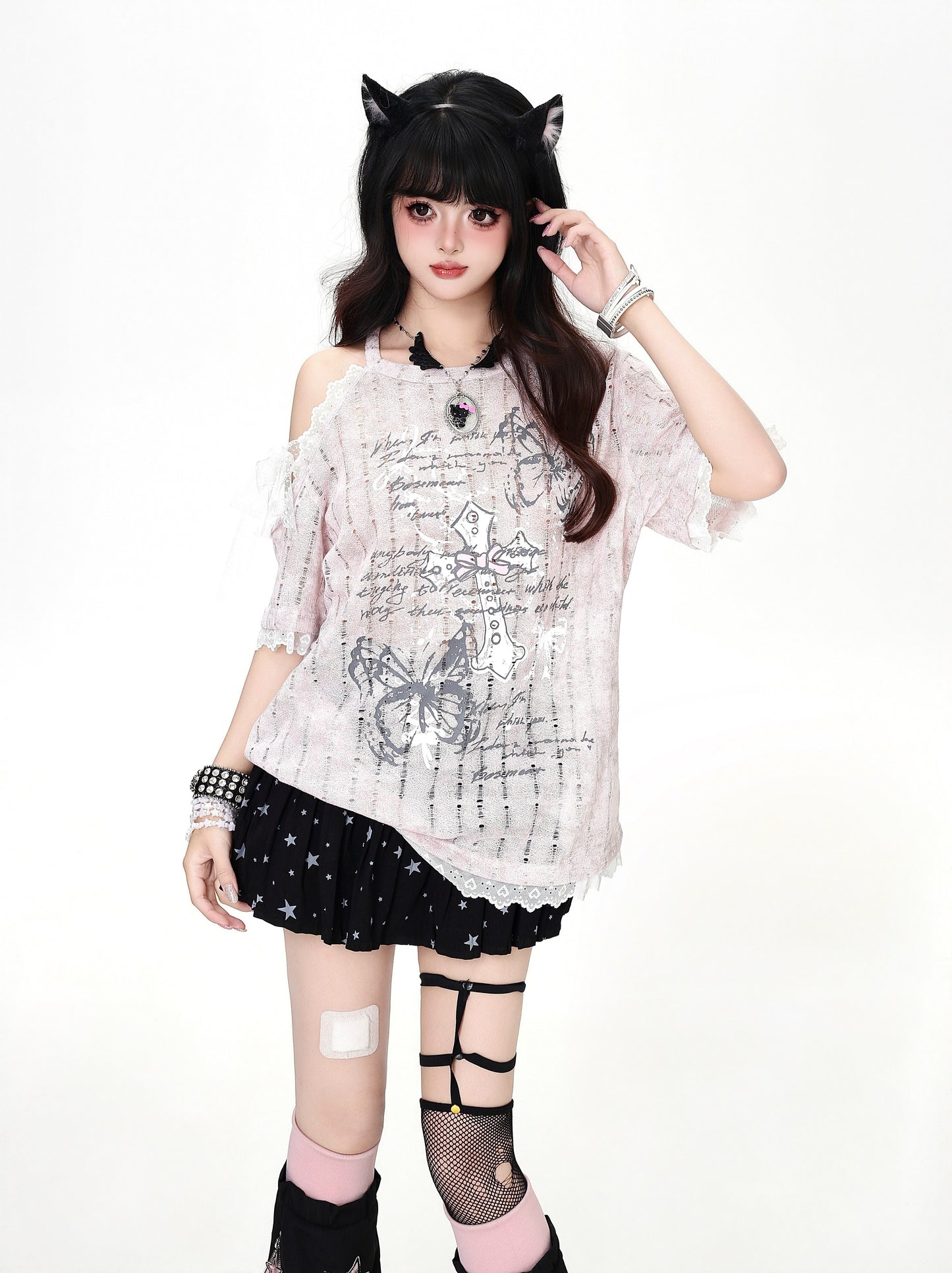 クロスレースオフショルTシャツ
