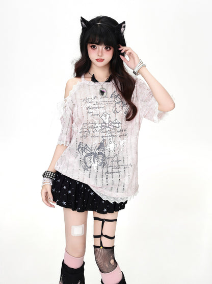 クロスレースオフショルTシャツ