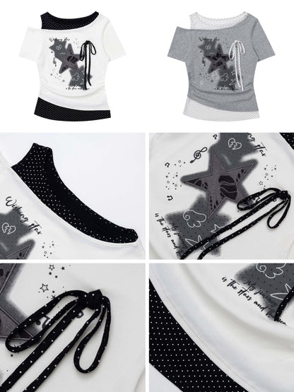 アシメ星柄ダメージTシャツ