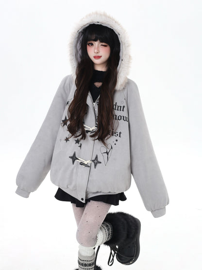 星柄レター×ボア襟取り外し可能 ゆるシルエット中綿ジャケット
