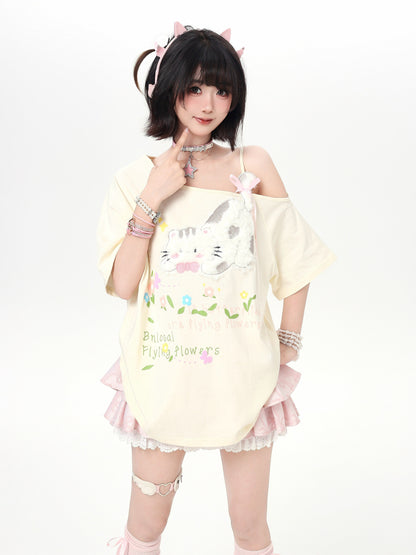 ネコモチーフオフショルレイヤードT