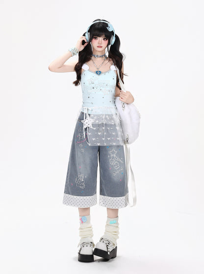 うさぎ刺繍デニムハーフパンツ