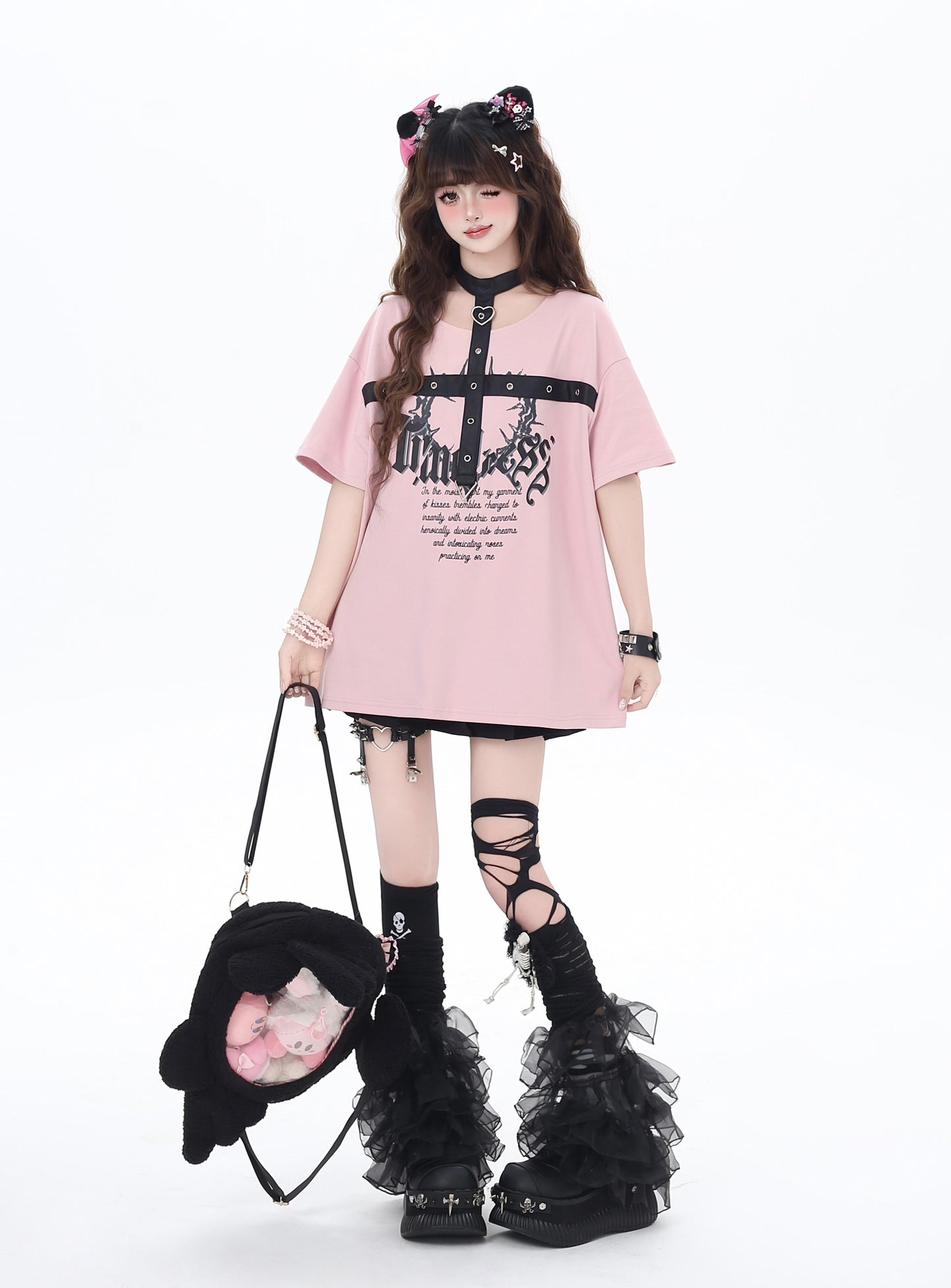 レザー首掛けショートスリーブTシャツ