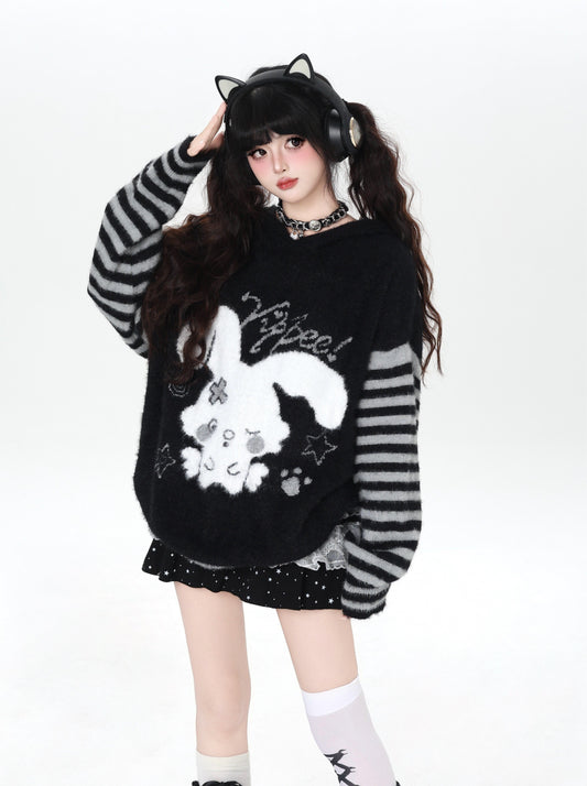 うさ耳フード入り ボーダーゆるニット