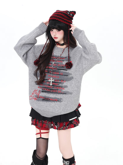 ゴシック猫ニット｜黒×グレーのゆる甘クールコーデ