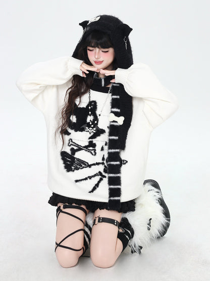 白黒ねこモチーフ ルーズニットプルオーバー｜秋冬ゆるサブカル
