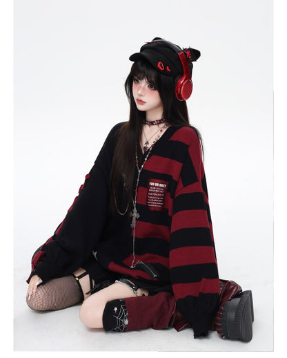 バイカラーストライプVネックニット