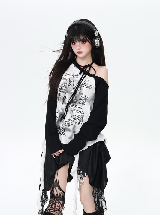 レトロY2K斜め肩ホルターネック配色ゆる細見えTシャツ秋