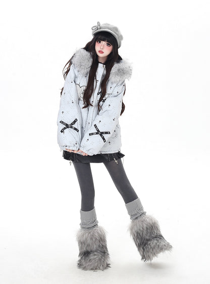 雪柄フード付き取り外し可毛襟コットンジャケット