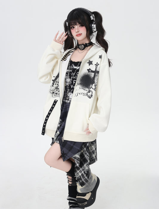 地雷系ダーク系初秋ジップパーカー ニッチギャル服
