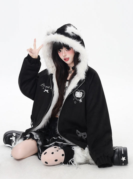 ねこ耳フード付きボアコットンジャケットコーデ