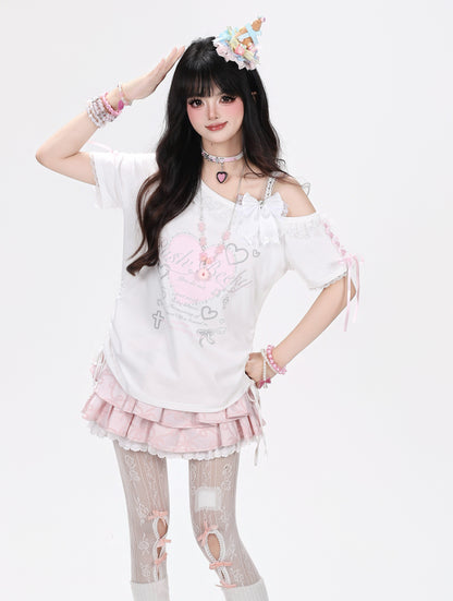 ハートレースオフショルTシャツ