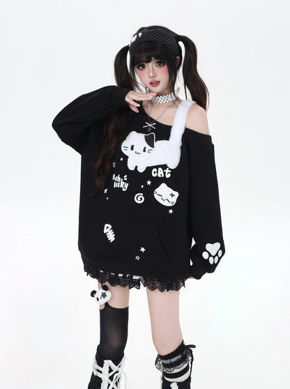猫柄ふわもこオフショルスウェット