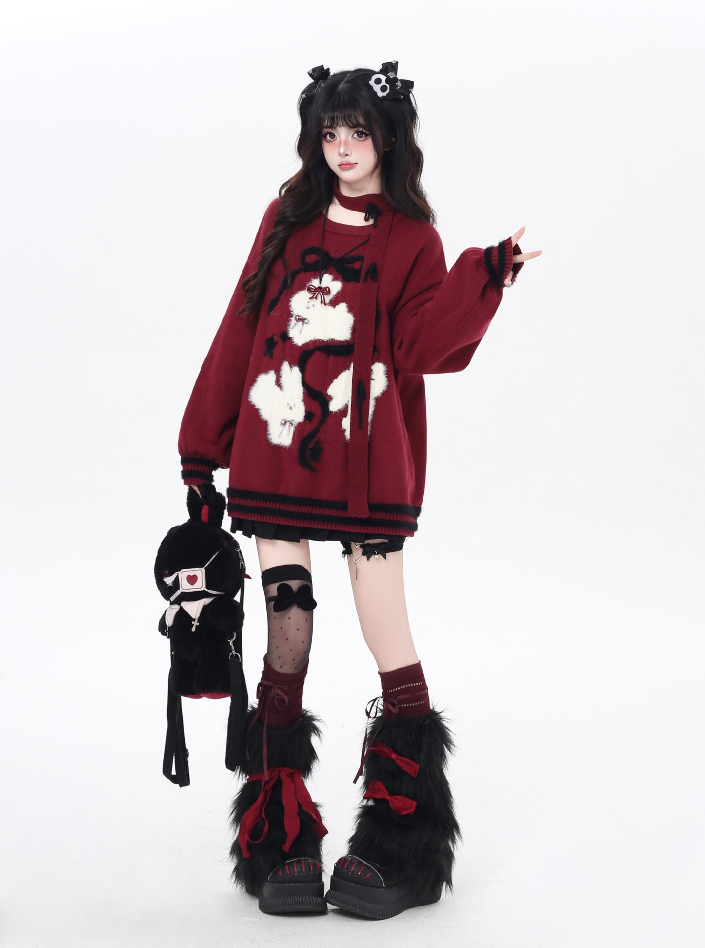 ゆる地雷 うさみみ×リボン ニットセーター 秋冬 オーバーサイズ 量産型 Y2Kコーデ