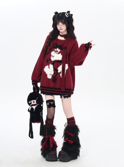 ゆる地雷 うさみみ×リボン ニットセーター 秋冬 オーバーサイズ 量産型 Y2Kコーデ