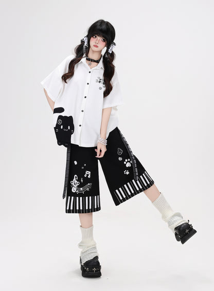 音符柄リボンワイドパンツ