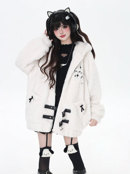 刺繍ねこ耳フード付き厚手ボアジャケット