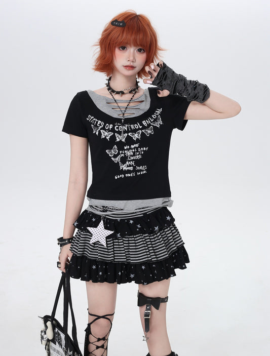 バタフライプリント 重ね着風ダメージフィットT