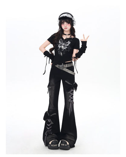 立体リボン×Y2Kハイウエストフレアデニム