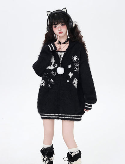 うさ耳フーディー付きゆるカワカーディガン秋冬