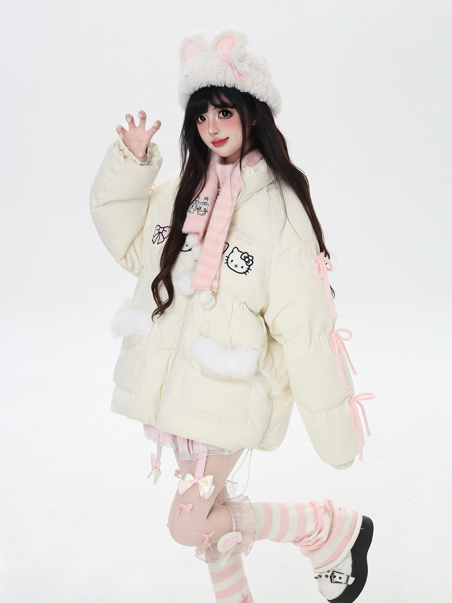 ねこモチーフリボン付き厚手コットンジャケット