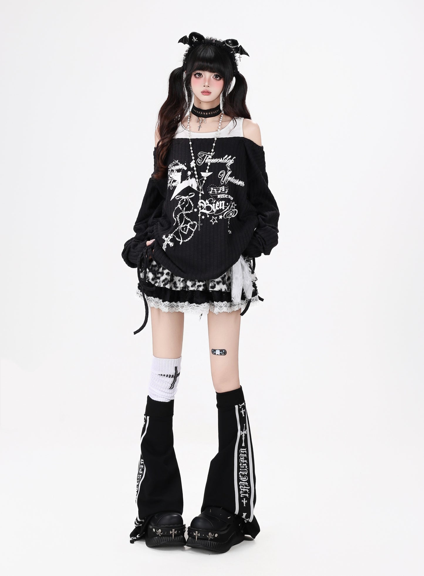 星柄レイヤード風ドロスト長袖トップス