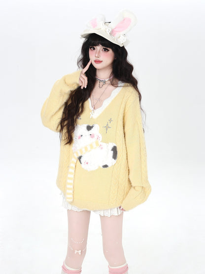 Vネック 猫モチーフ ゆるニット