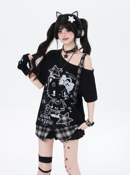 ネコ柄×チェック肩あきTシャツ