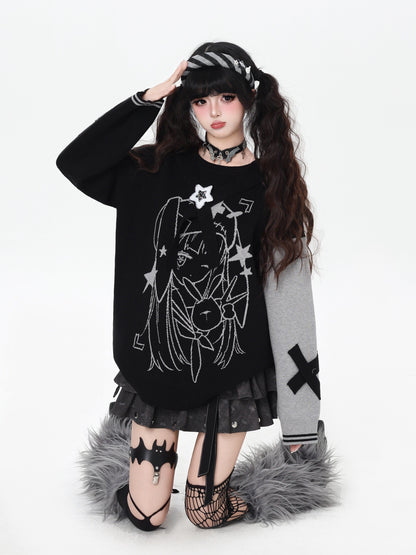 ゴシック サブカル 肩見せイラストプリントニット
