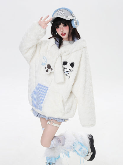 ねこモチーフチェックフード付きボアジャケット