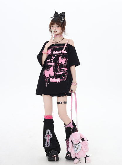 蝶々モチーフオフショルダーTシャツ