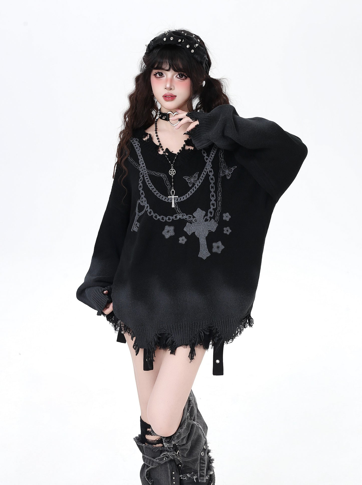 ゴスチェーン×グラデ破れデザインゆるニット