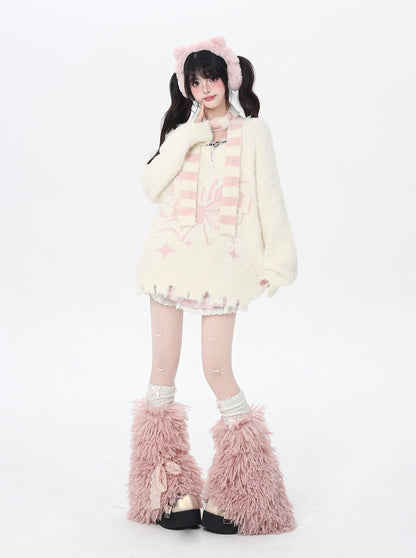 Vネック蝶モチーフふわもこニット＋マフラー