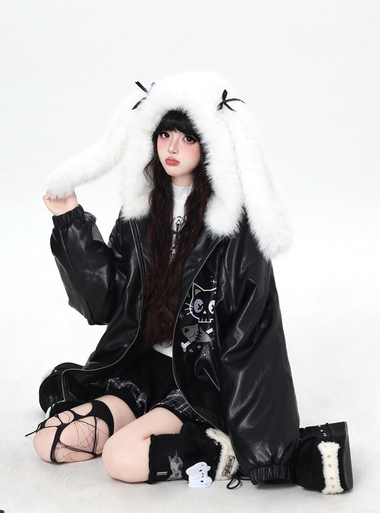 うさ耳フード付き 中綿レザーブルゾン