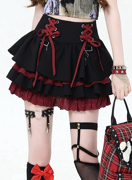 サイドリボン付き3段レースケーキスカート