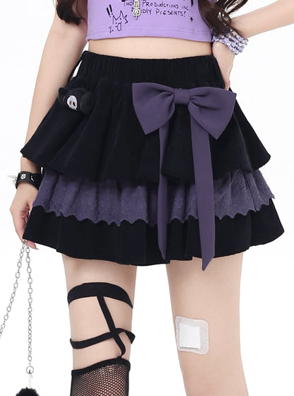 オリジナル地雷系黒紫リボンコーデュロイケーキスカート秋冬