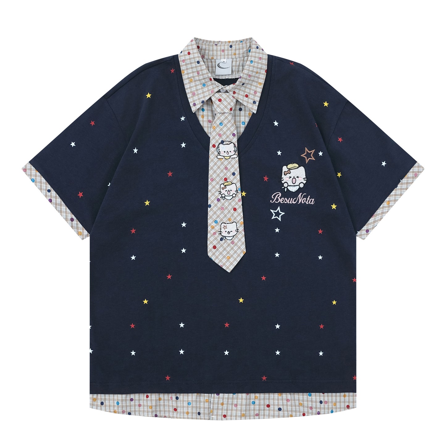チェック柄レイヤード風KT刺繍Tシャツ