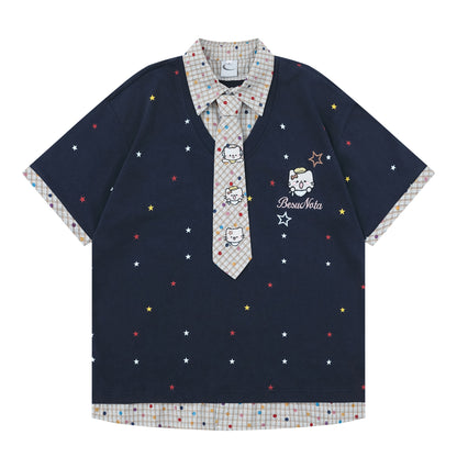 チェック柄レイヤード風KT刺繍Tシャツ