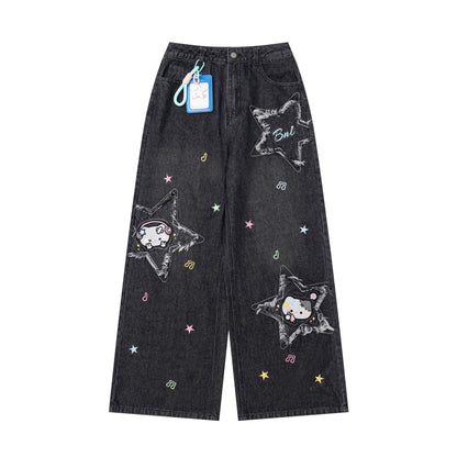 ねこちゃん星刺繍フリンジデニムパンツ