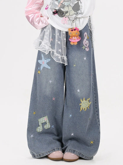 カラフル刺繍ウォッシュドデニム