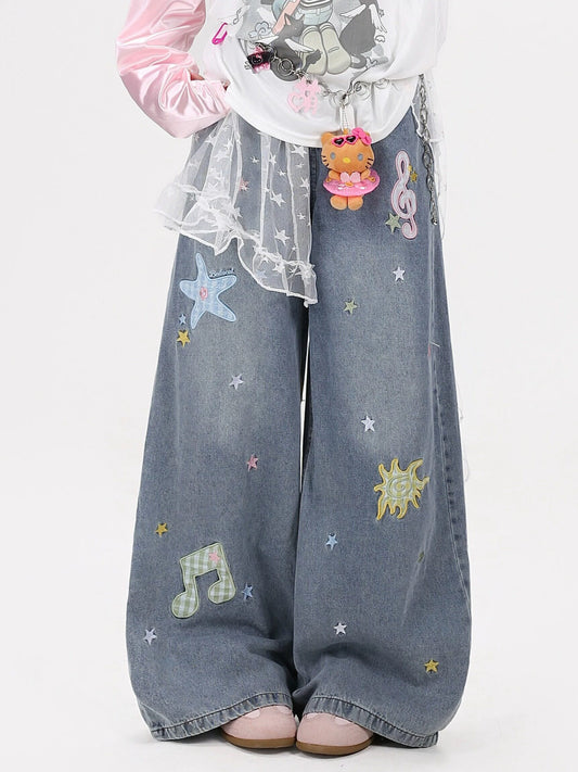 カラフル刺繍ウォッシュドデニム